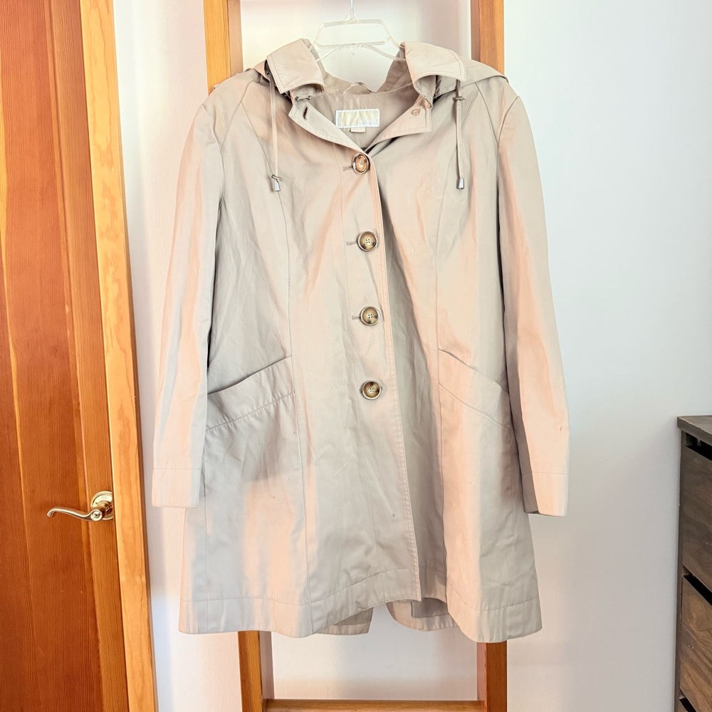 Michael Kors Single Breasted Beige Trench Coat Rain Coat Removable Hood Large